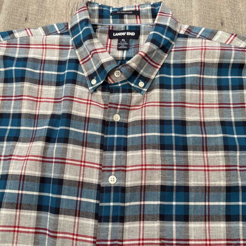 Lands' End Sail Rigger Oxford Shirt Mens XL Teal Gray Check Traditional Fit
